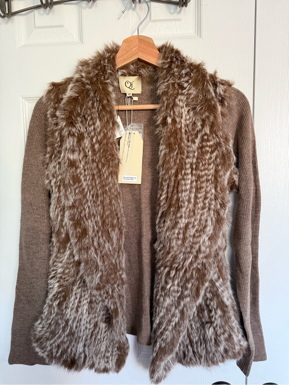 Neiman Marcus Brown Knit Cardigan with Faux Fur Trim